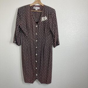 Vintage D.C. Petites Dress Womens Size 8 Brown Floral Pearl Button Lace 80s USA